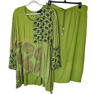 Ashro Power Print Ethnic Green/Brown 2 Piece Women Skirt Suit Set Sz XXL